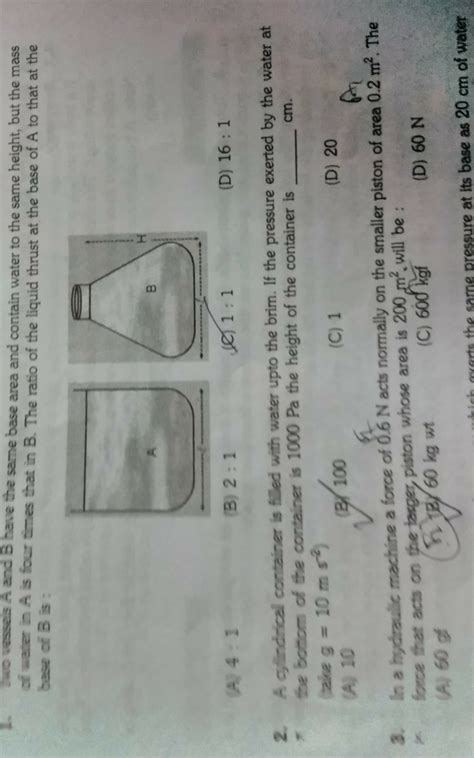 a cylindrical cylinder is filled with water upto brim.if the pressure ...