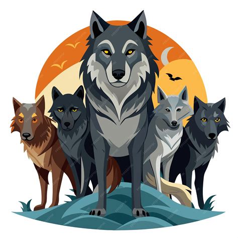 Five Wolves Standing Together Against a Sunset Background | Premium AI ...
