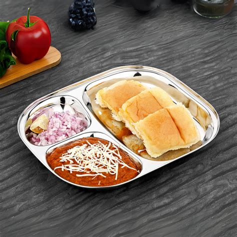 Buy Online Vinod Stainless Steel 3 Compartment Plate/ Pav Bhaji Plates