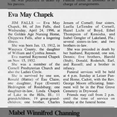 Obituary for Eva May Chapek, 1912-1996 (Aged 84) - Newspapers.com™
