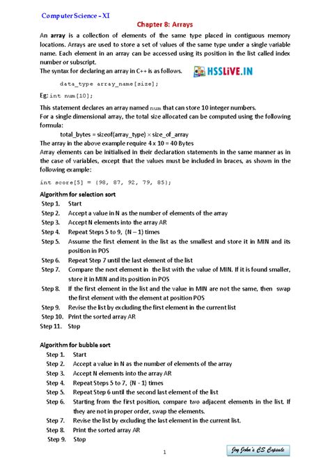 Hsslive XI CS Chap8 Arrays - Chapter 8: Arrays An array is a collection ...