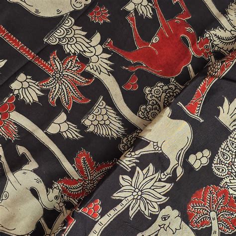 Modal Silk Kalamkari Black Night Jungle View screen Print Fabric ...