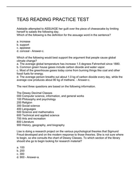 TEAS READING PRACTICE TEST - TEAS READING - Stuvia US