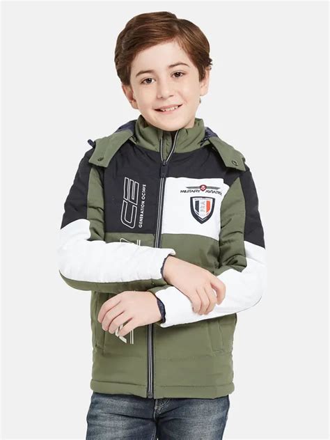 Octave Boys Olive Green Camouflage Crop Padded Jacket with Patchwork