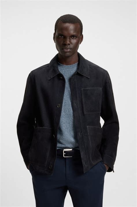 BOSS - Regular-fit jacket in nappalan suede - Dark Blue