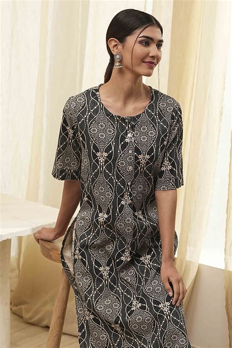 Buy Black and Beige Printed Straight Kurta Set Online at Biba India