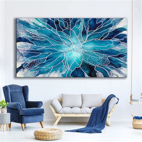 Luxurious Extra Large Framed canvas Wall Art, Abstract Blue Flower ...