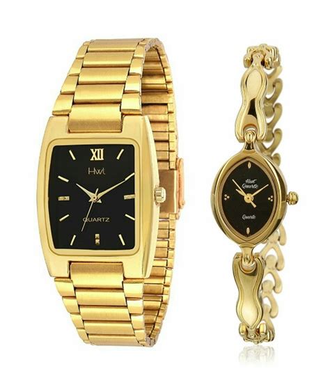 Buy HWT Quartz Black Dial Gold Metal Strap Analog Couple Watch Online ...