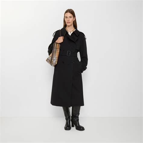 Long Gabardine Fitzrovia Trench Coat in Black - Women, Cotton Gabardine ...