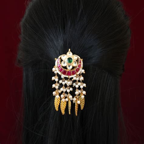 Premium Pachi Kundan Single PIece Hair Choti - Moon Flower Leaf Hangin