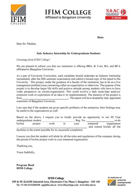 IFIM Intership Permission Letter - UG - Date: Dear Sir /Madam, Sub ...