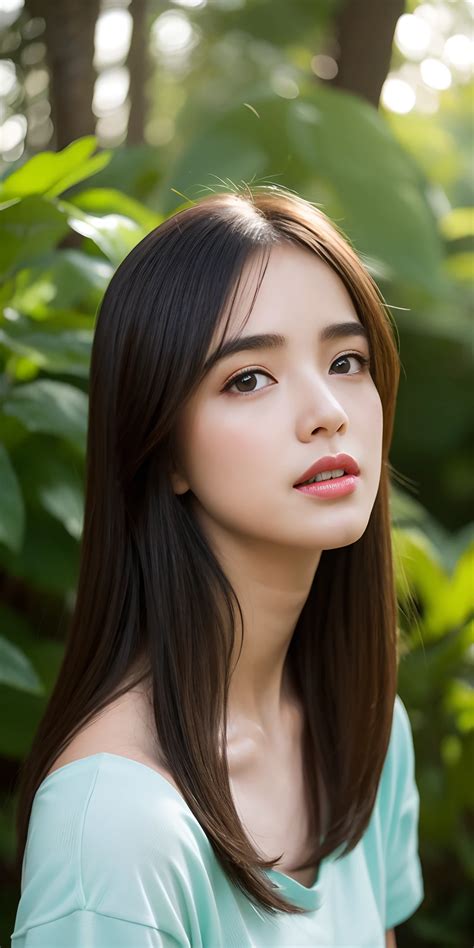 A close up of a woman with long hair and a green shirt - SeaArt AI