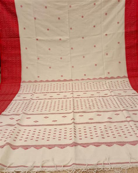 Off-White & Red Traditional Soft Handloom Cotton Saree - Balaram Saha