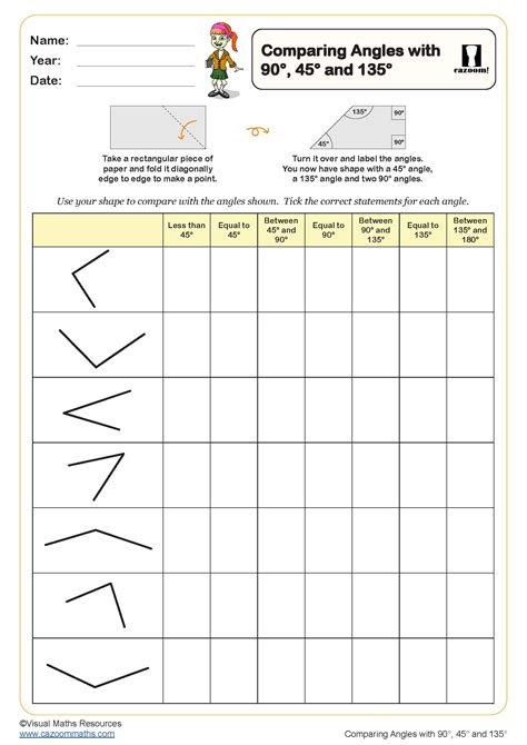 Comparing angles with 90 degrees, 45 degrees and 135 degrees Worksheet ...