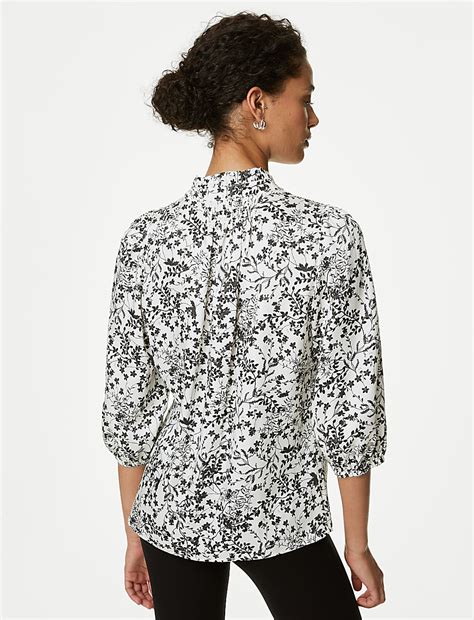 Buy Printed Frill Neck Tie Front Popover Blouse at Marks & Spencer