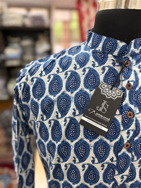 Indigo Boota Printed Full Sleeves Short Kurta for Men – Jaipuri Stitch