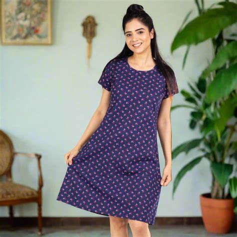 Buy Navy Blue Cotton Printed Knee-Length Short Nighty | Youthiconz ...
