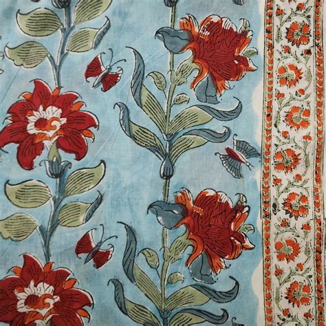 ( Pre-Cut 1.50 Meter ) Pure Cotton Jaipuri Blue With Red Flowers Creep ...