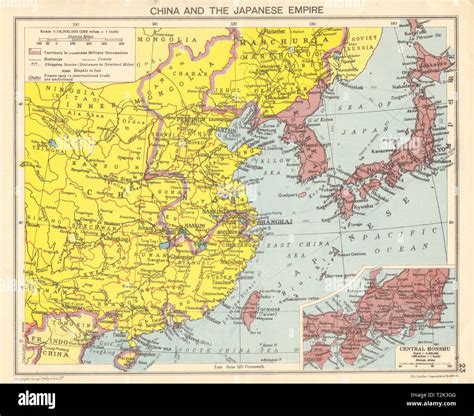 WORLD WAR 2 Japanese occupied China, Korea, Taiwan, Hong Kong 1942 old map Stock Photo - Alamy