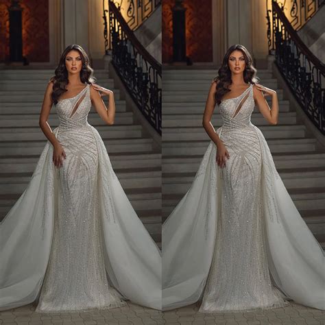 Mermaid Sweetheart Bridal Gowns: Sparkly Sequins One Shoulder Wedding Dress With Sweep Train ...