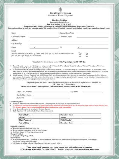2013-2026 HI Four Seasons Resorts Reservation Request Form - Blank ...
