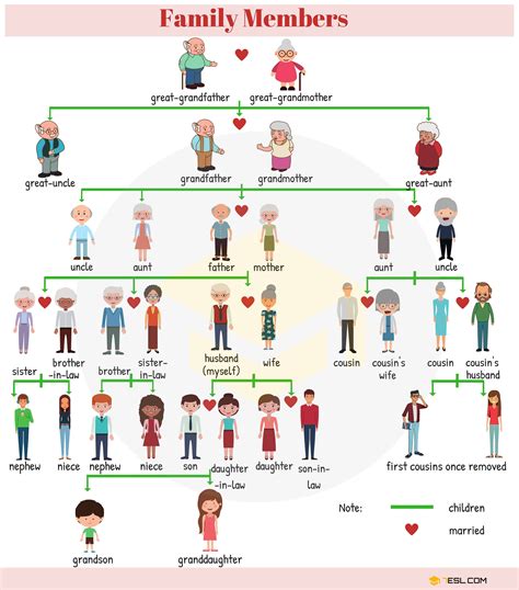 Family Members Vocabulary in English • 7ESL | English vocabulary, Family relationship chart ...