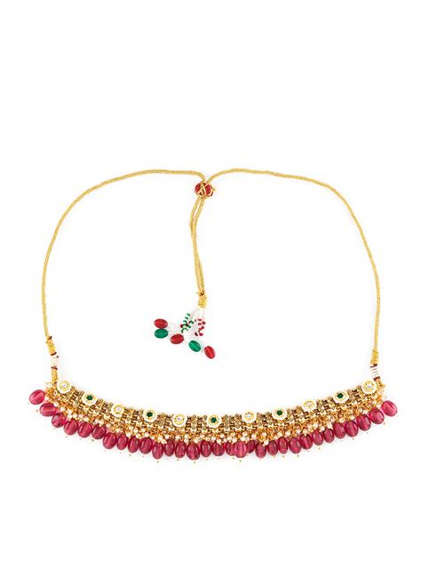 Priyaasi Pink Floral Beaded Pearl Gold-Plated Choker Jewellery Set