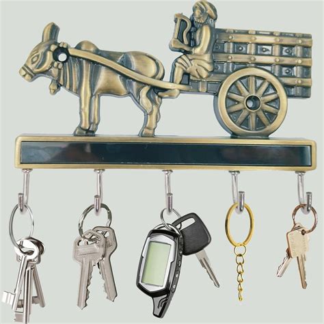 JKC Antique Brass Key Stand, Bullock Cart Theme, 5 Hooks, Wall Mount ...