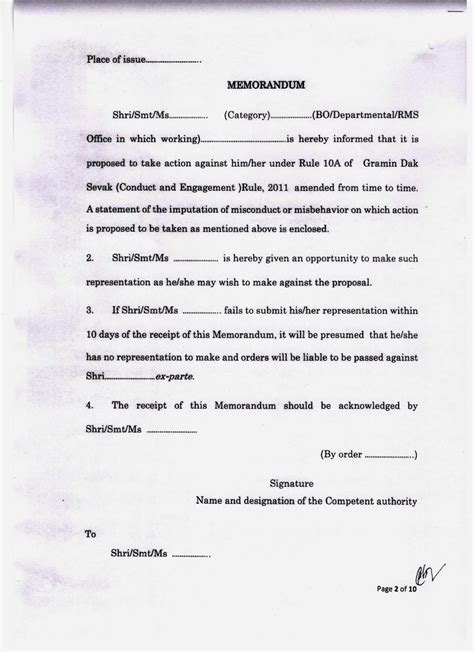 Standard format for issue of charge sheet under Rule -10 to GDS for ...