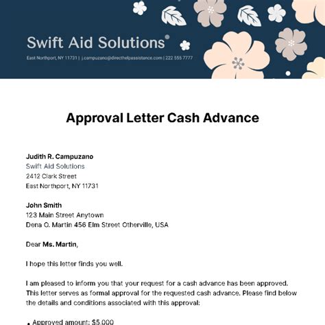 Free Approval Letter for Cash Advance Template to Edit Online