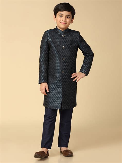 Boy's Turquoise Blue Embellished Woven Design Indowestern Pyjama Set ...