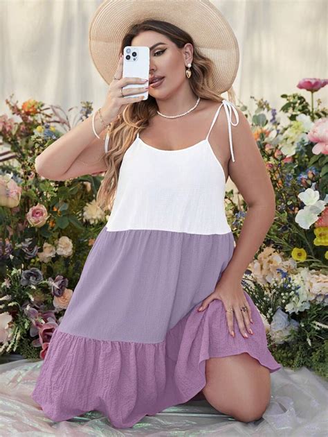 SHEIN Holidaya Plus Colorblock Tie Shoulder Ruffle Hem Cami Dress ...