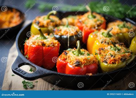 Stuffed Bell Peppers in a Cast Iron Skillet Stock Image - Image of ...