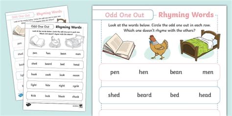 Rhyming Odd One Out Worksheet (l'enseignant a fait) - Twinkl