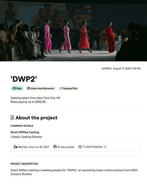 Backstage | Grant Wilfley Casting is seeking people for "DWP2," an ...