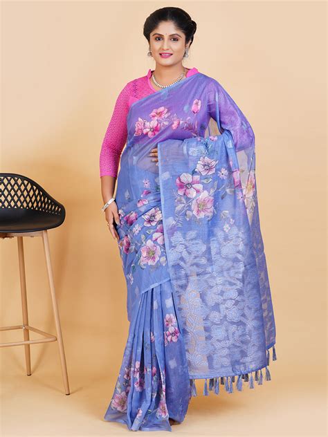 Womens Chanderi Cotton Printed Saree Blue