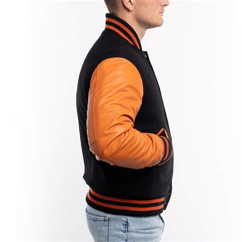 Varsity Base Men Jacket Black Wool Body Orange Leather Sleeves ...