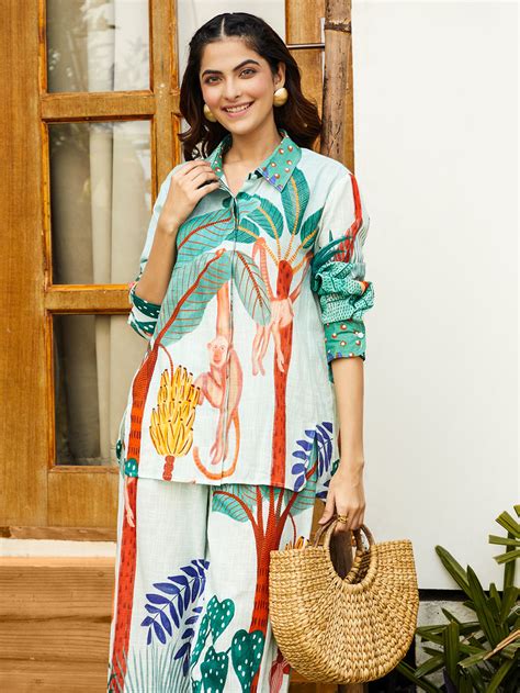 Powder Blue White Printed Cotton Slub Co-ord Set - Set of 2