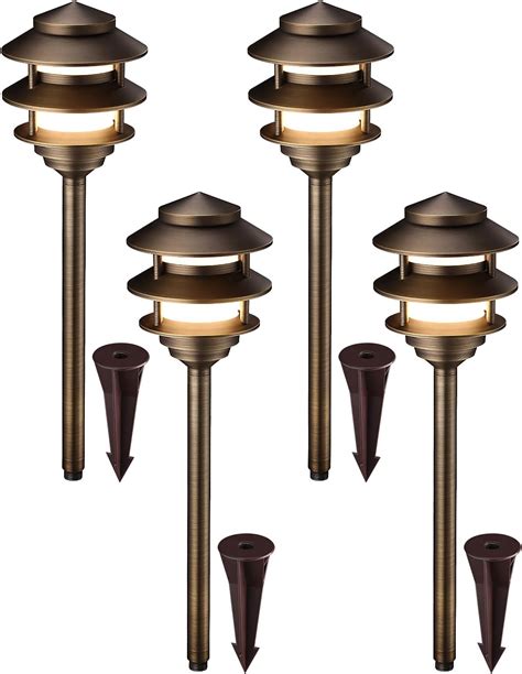 LEONLITE 3-Tier 12V Cast Brass Pagoda Path Light, Low Voltage Landscape ...