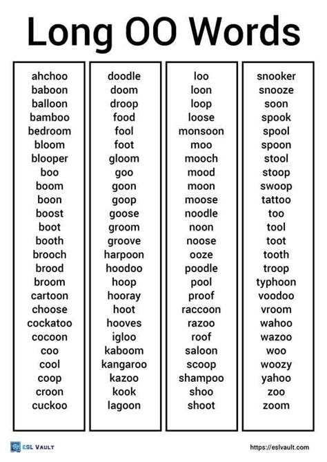Free long OO words list and 32 pictures (PDF) - ESL Vault