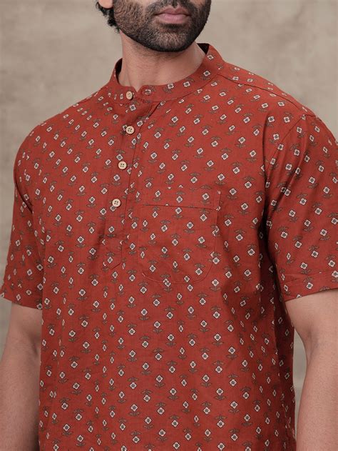 Culture India Kurtas Men Cotton Short Length Printed Pocket Kurta Red ...