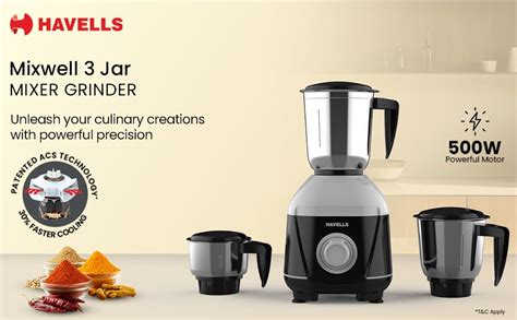 Buy Havells Mixwell - N 500W 3 Jar Mixer Grinder, Black, Grey Online at ...