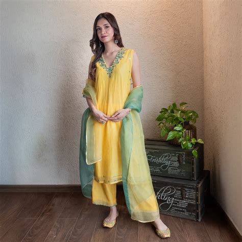 Yellow Chanderi Mirrorwork embroidered Kurta set with Dupatta – Spring Soul