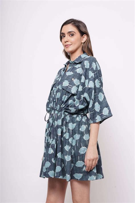 Oversized Teal Printed Linen Dress With Drawstrings| Western Era