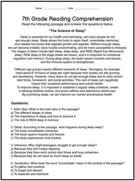 Printable English Worksheets 7th Grade Comprehension | Reading ...