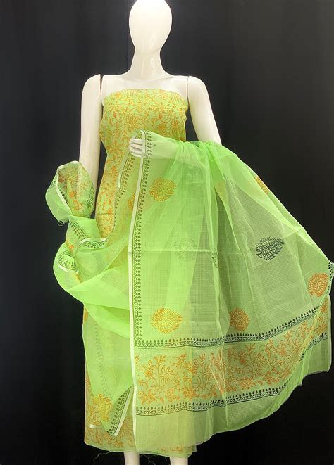 Royal Green base with Orange floral Designer Handblock Printed Cotton ...