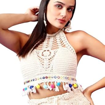 ICW Women's Crochet Halter Neck Padded Bikini Tops Backless Lace Up ...