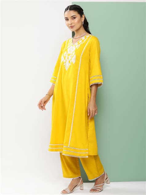 Shop Bhama Couture Mustard Ikat Embroidered Kurta With Mustard Solid ...