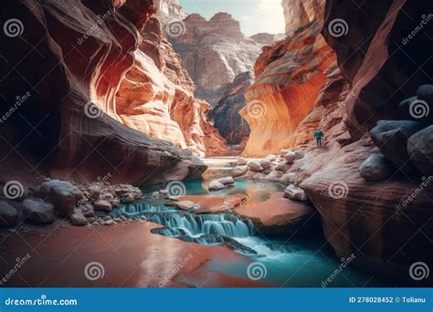 Epic Canyon Sci-Fi Adventure with Floating Waterfalls & Glowing Rocks in Ultra-Wide Angle! Stock ...