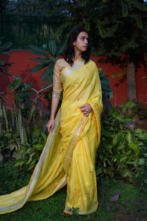Yellow Colour Embroidered Linen Saree